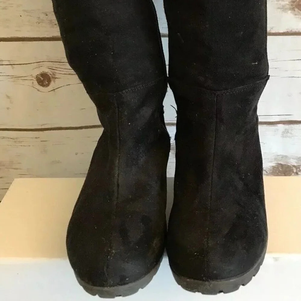 Women Pull On Black Mid Calf Height Round Toe Casual Boots Shoes Sz 3